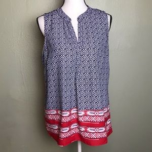 Olive & Oak Blue White Red Printed Top Size L